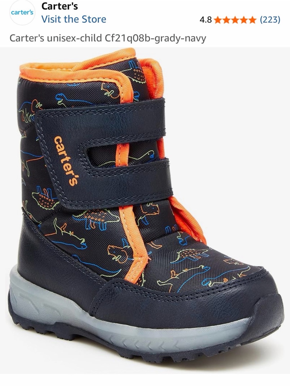 Carter's Navy Kids Snow Boots with Orange Trim and Dino Print